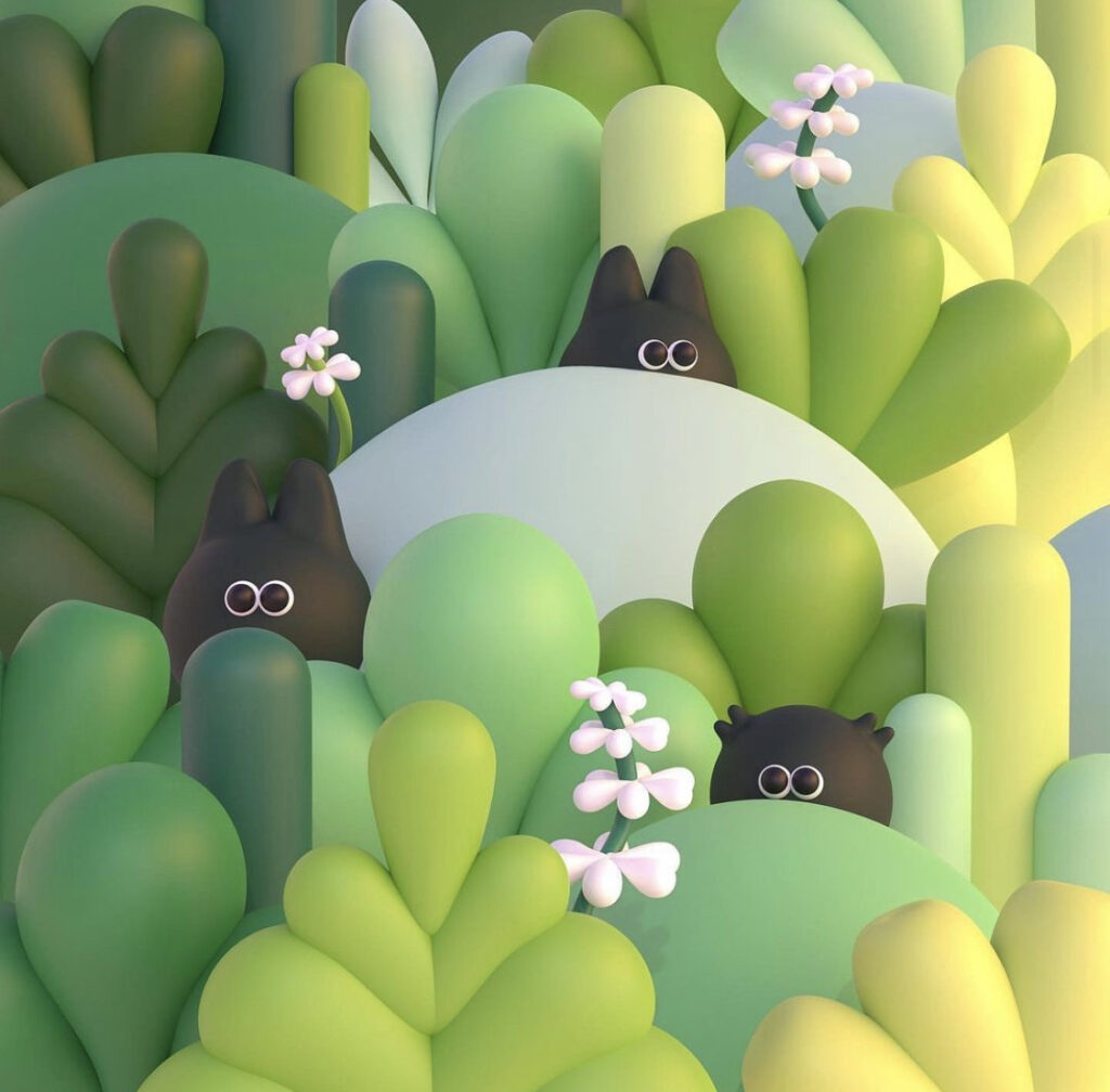 Puppies Hiding between leaves made in 3D Blender